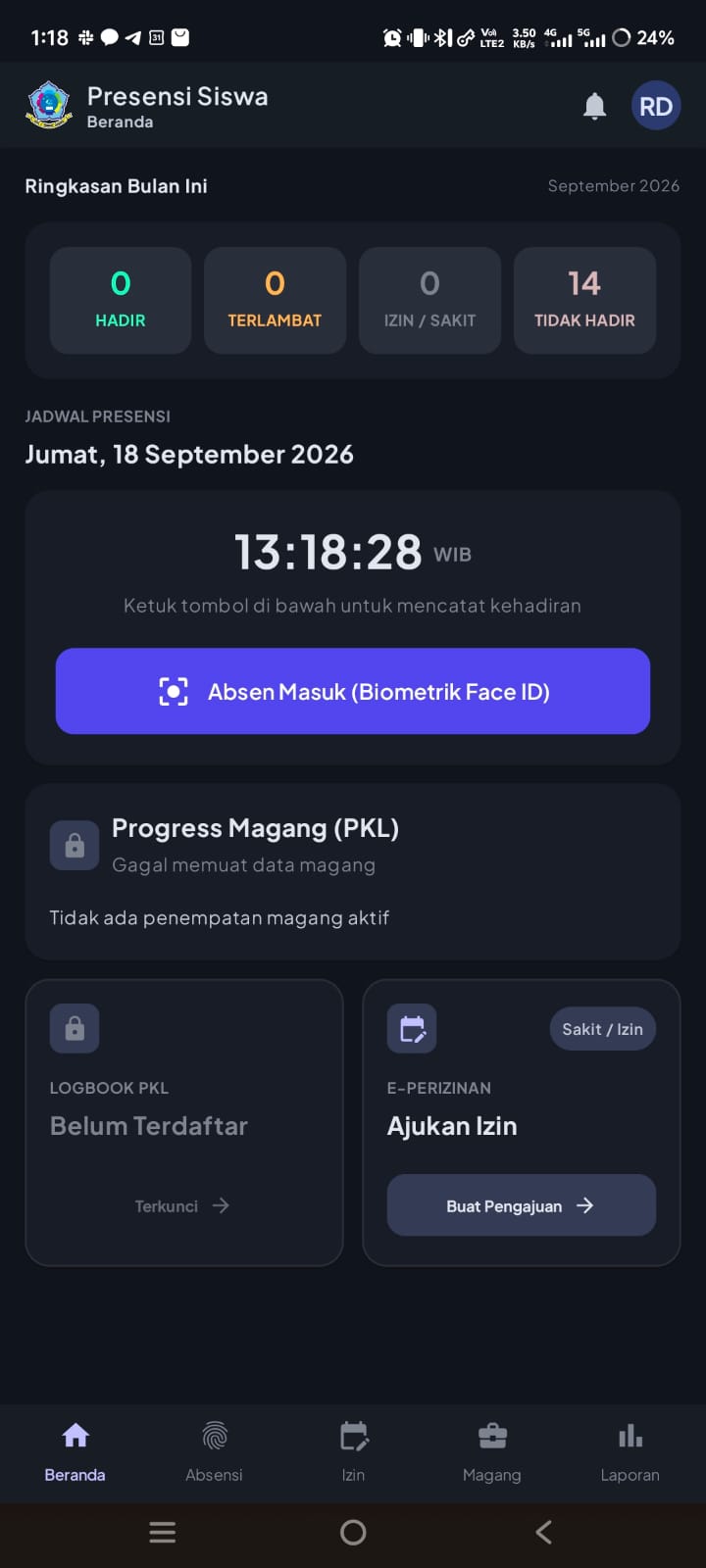 Layar beranda siswa AbseninAja